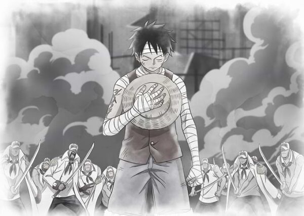 Iconic Watercolor Luffy Showing Respect At Marineford