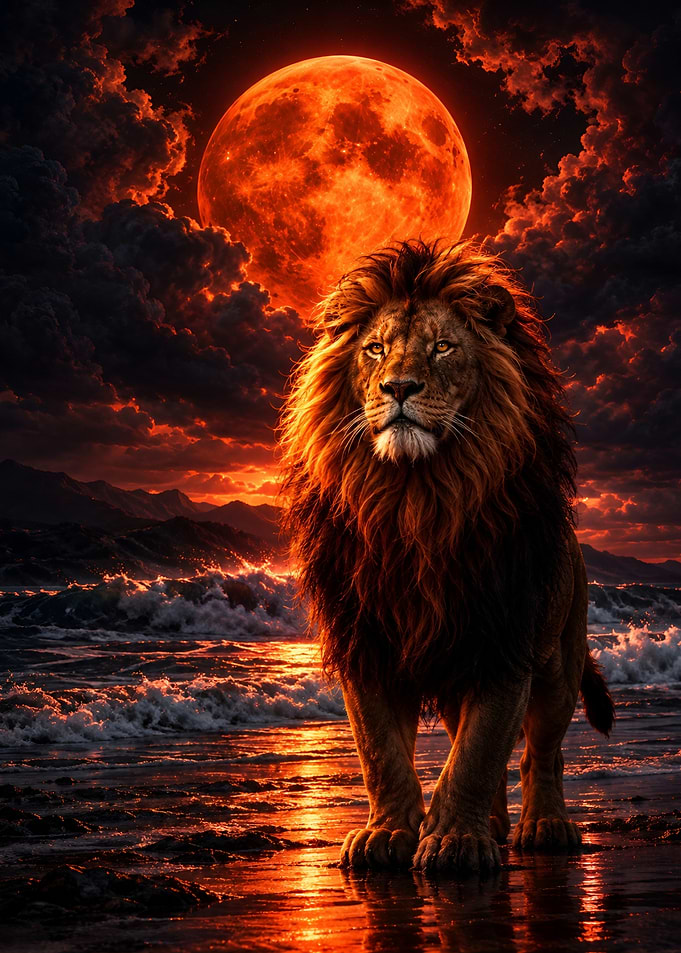Majestic Lion Under Blood Moon