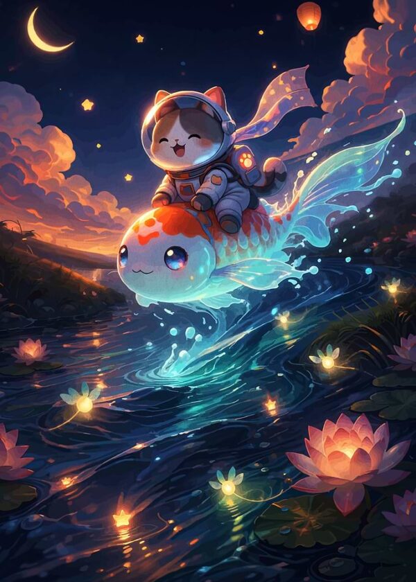 Astronaut Cat Rides a Koi Fish