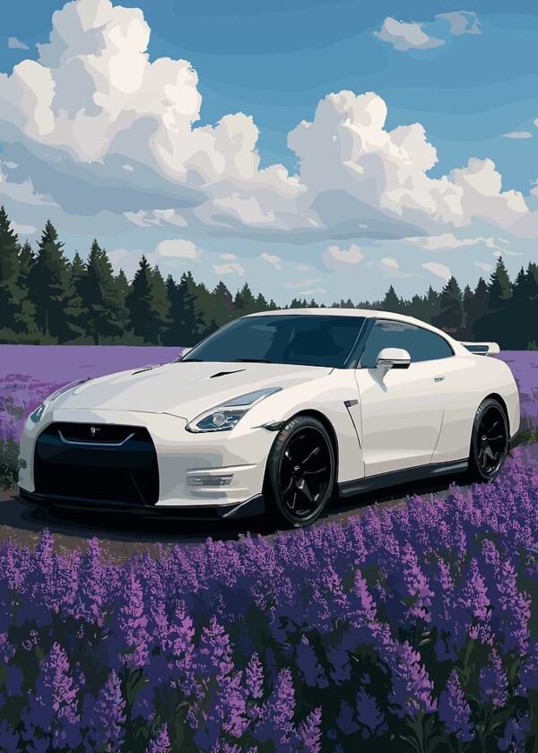 White Sport Car Lavender Landscape