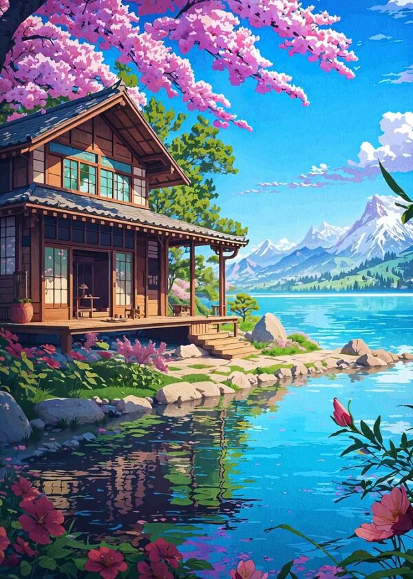 Japanese House by Lake with Cherry Blossoms