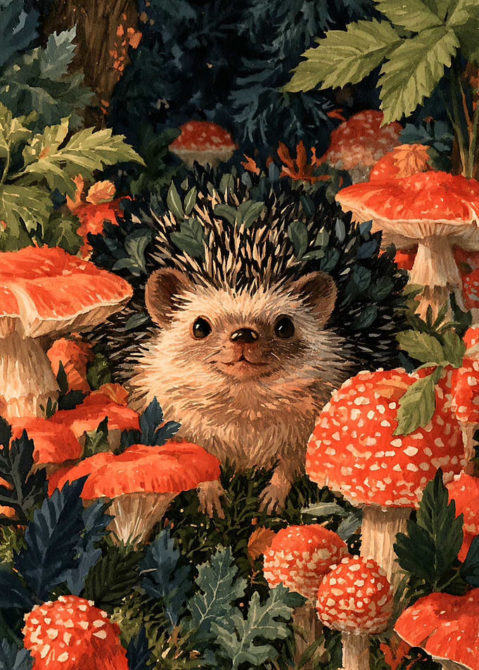 Cute Hedgehog in Mushroom Forest
