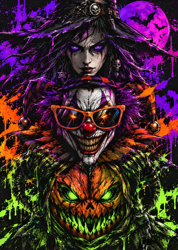 Halloween Witch Clown and Pumpkin Trio