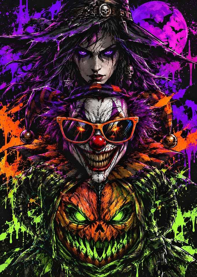 Halloween Witch Clown and Pumpkin Trio