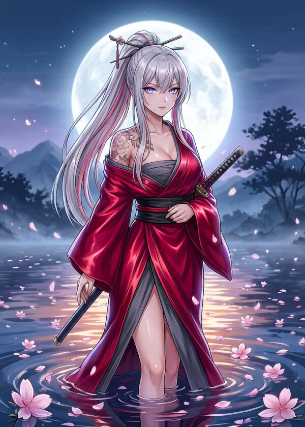 Samurai Woman in Red Kimono by Full Moon