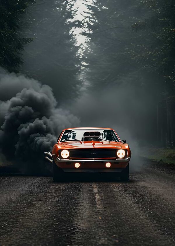 Orange Muscle Car in Smoky Forest
