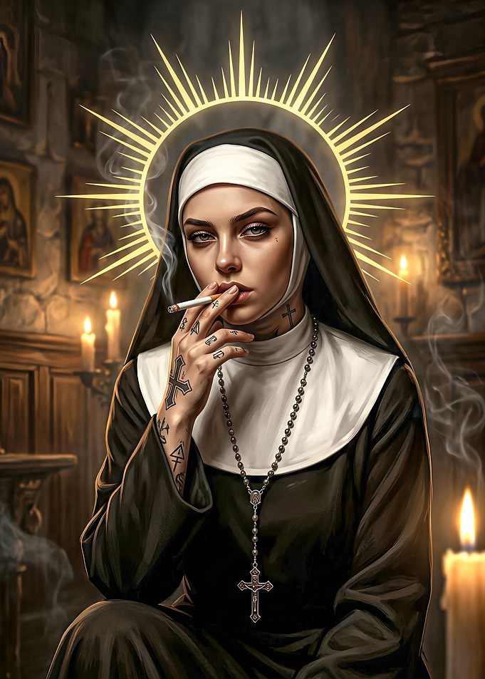 Nun Smoking with Candlelit