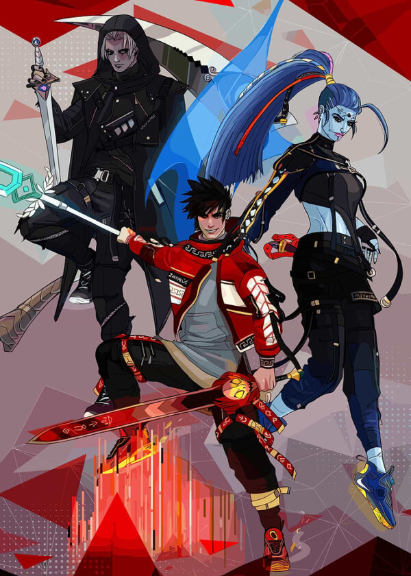 Anime characters with swords and scythe