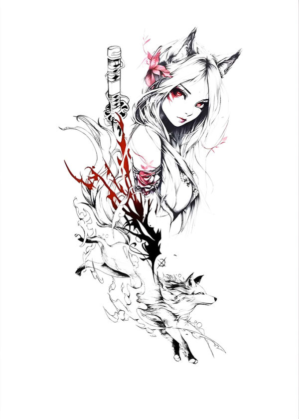 Anime Fox Girl with Sword and Wolf