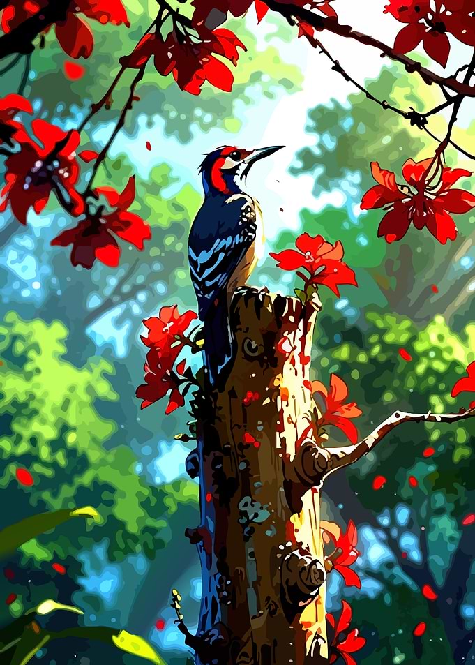 Woodpecker in a Floral Forest Scene