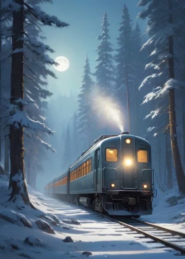 Anime Lo-Fi Landscape of Train Through Snowy Forest
