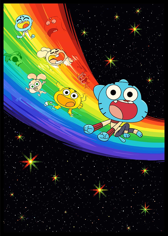 The Amazing World of Gumball characters on a rainbow