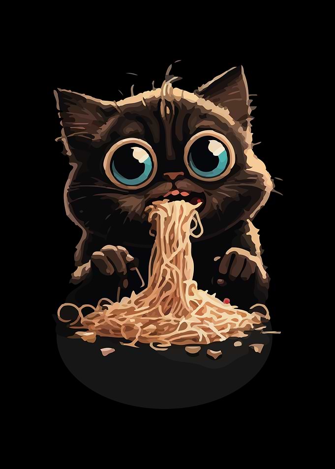 Cartoon Cat Eating Spaghetti