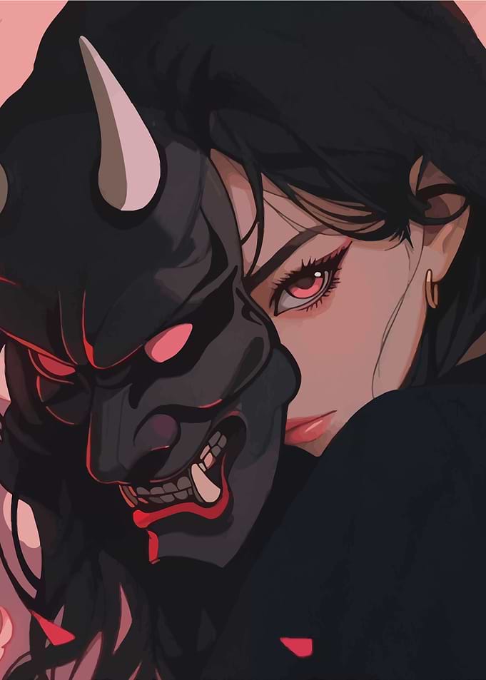 Girl with Oni Mask Digital Art