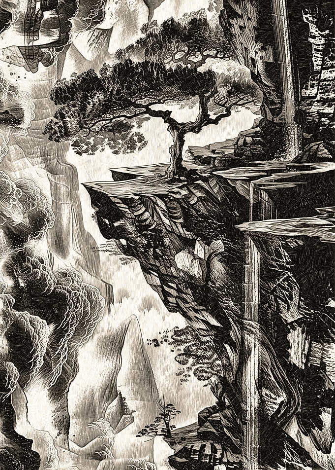 Monochrome Landscape with Tree and Waterfall