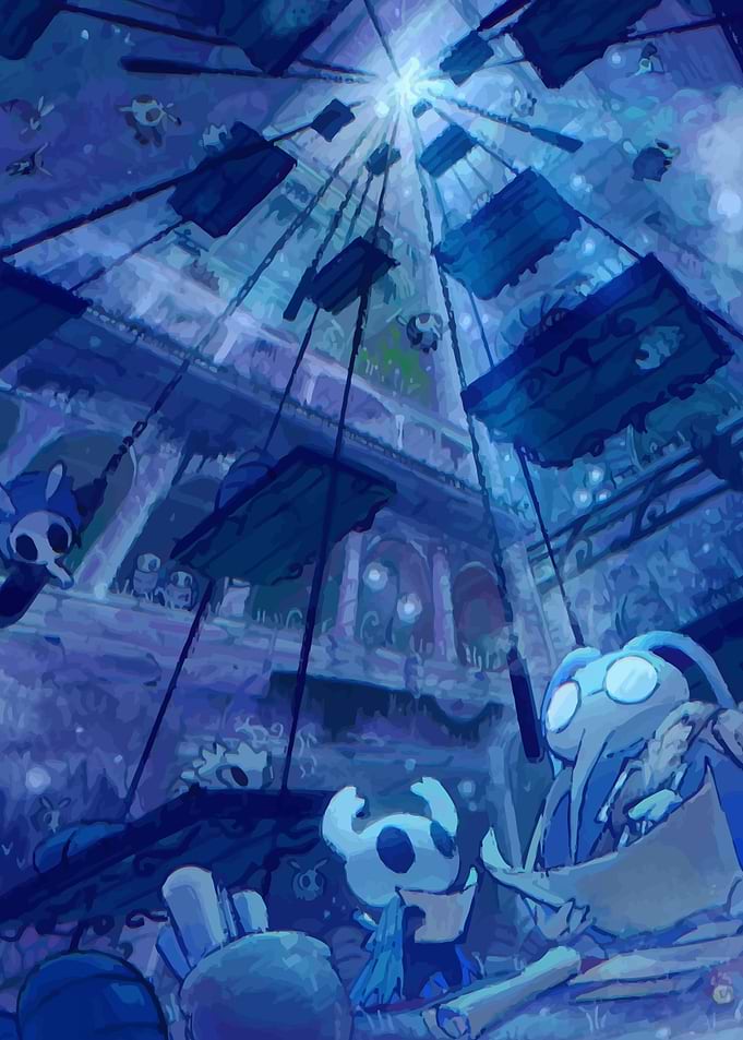 Hollow Knight Characters in a Blue Hallway