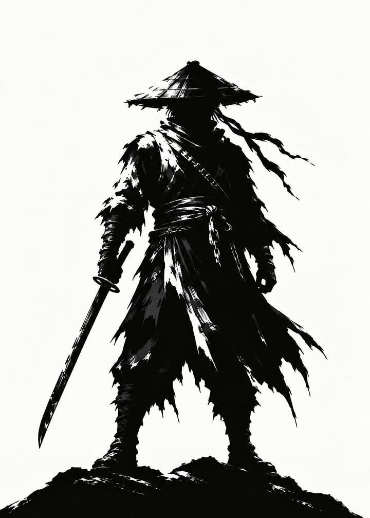 Ronin Samurai with Katana and Straw Hat