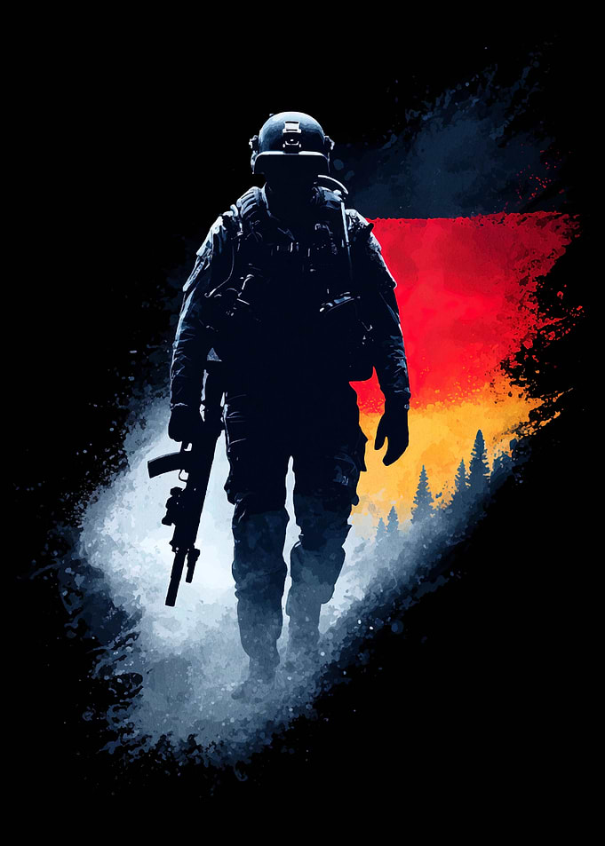 German Soldier Silhouette with Flag Backdrop