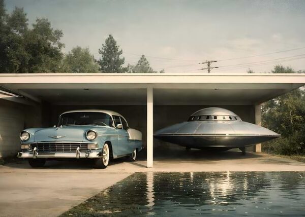 Retro Car and UFO in Garage