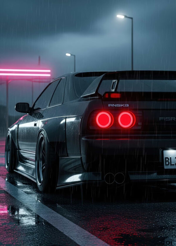Black Car in Rainy Cityscape
