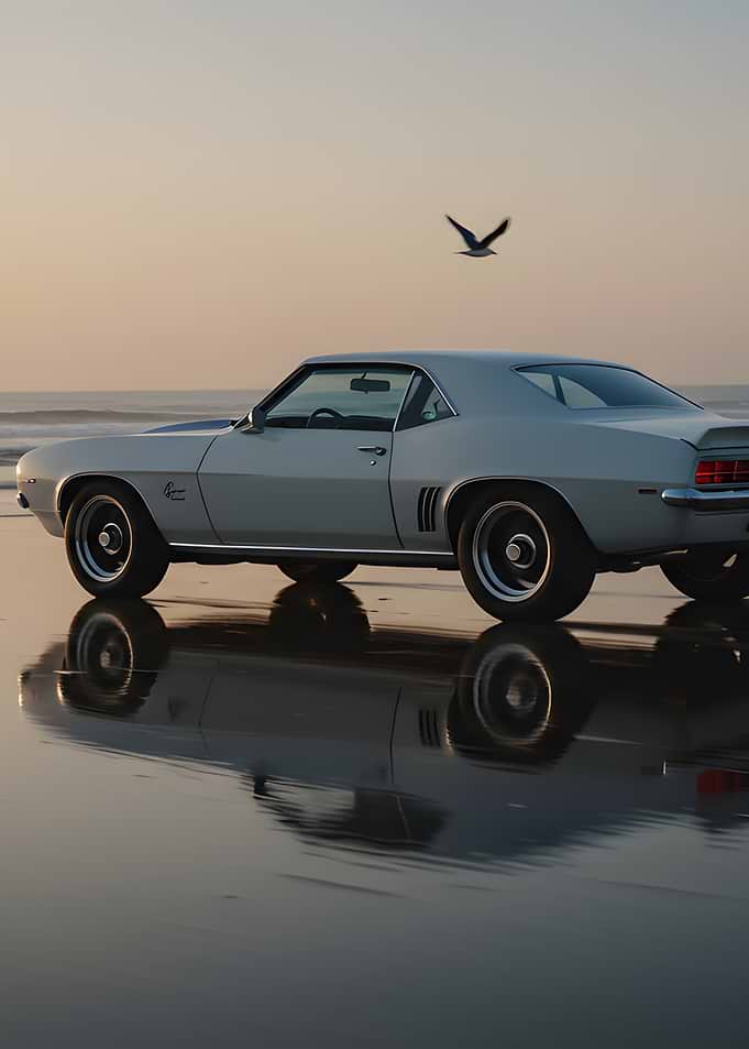 Classic Car on Beach at Sunset