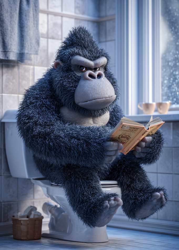 Gorilla Reading on Toilet