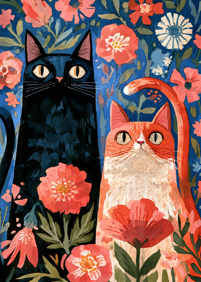 Two Cats Among Vibrant Flowers