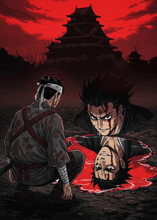 Samurai Confrontation with Castle Backdrop