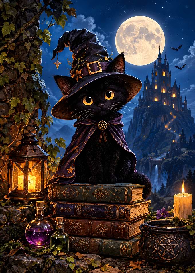 Cute Black Cat Witch Wizard