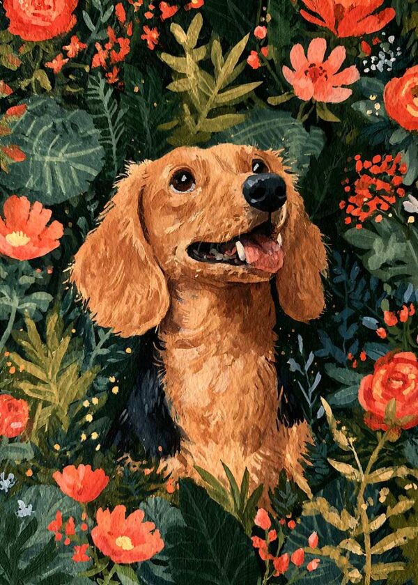 Dachshund Portrait in Floral Garden