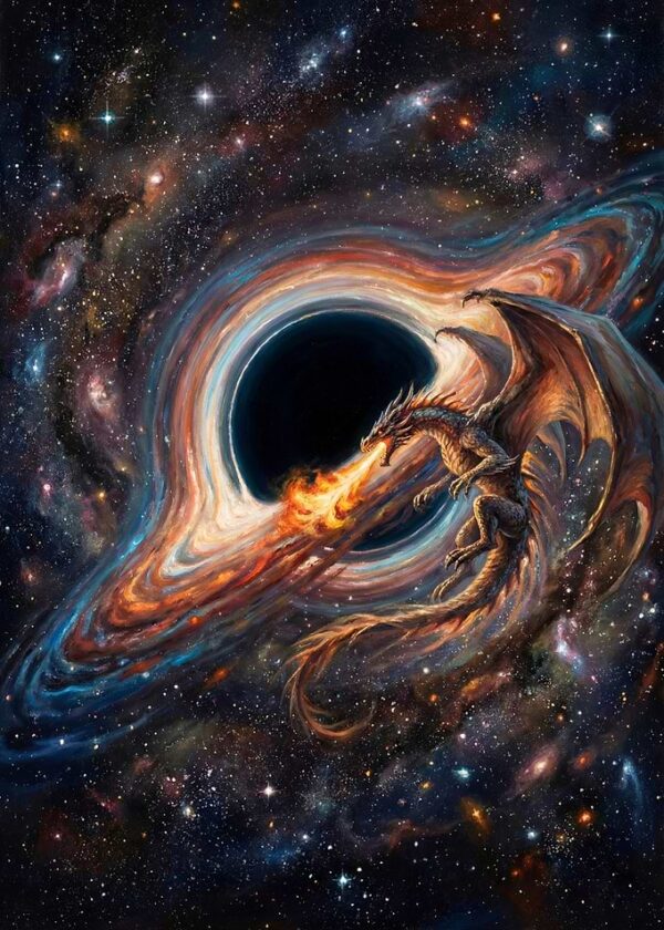 Dragon breathing fire near black hole