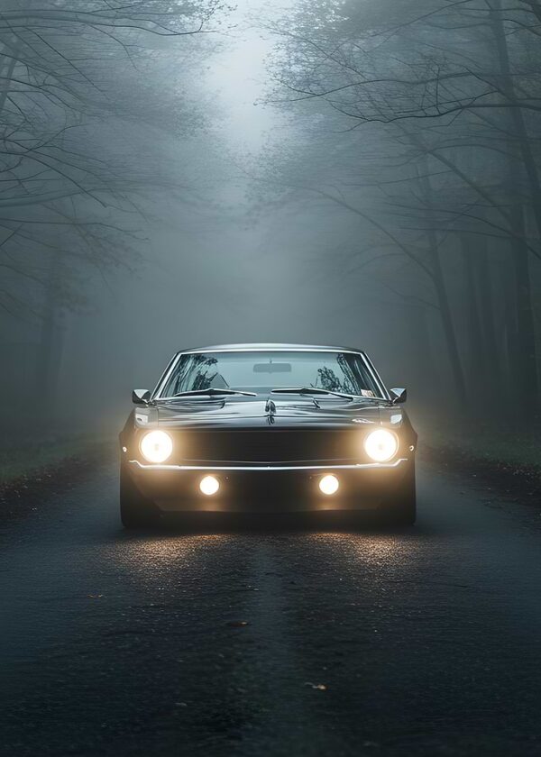 Classic Car in Foggy Forest Road