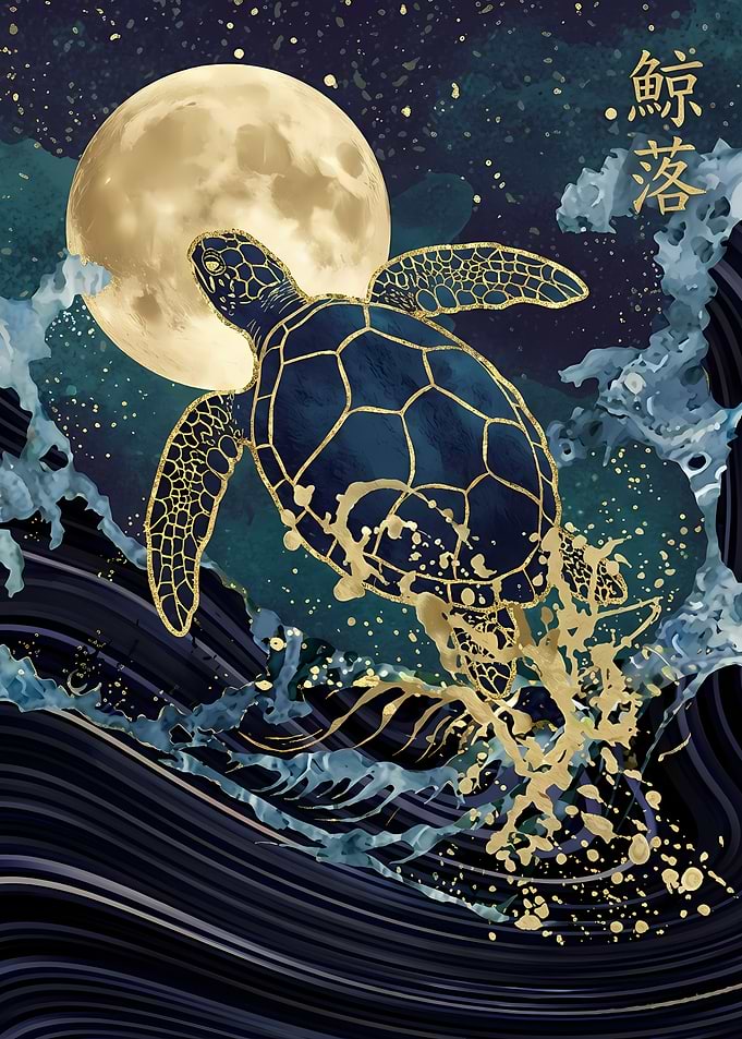 Golden Turtle in Ocean Moonlight