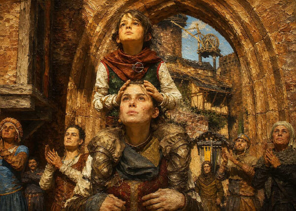Medieval Scene with Children and Crowd