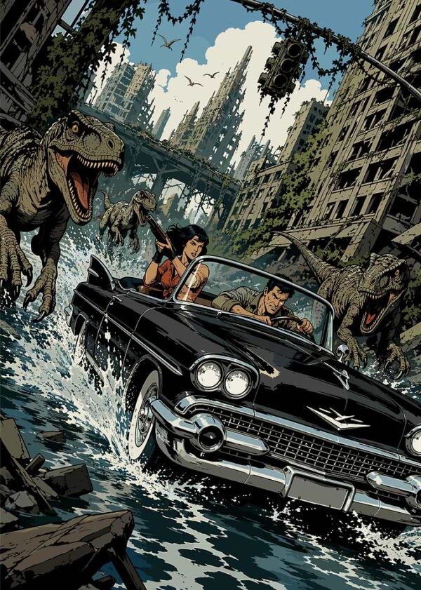 Dinosaurs chase car in ruined city