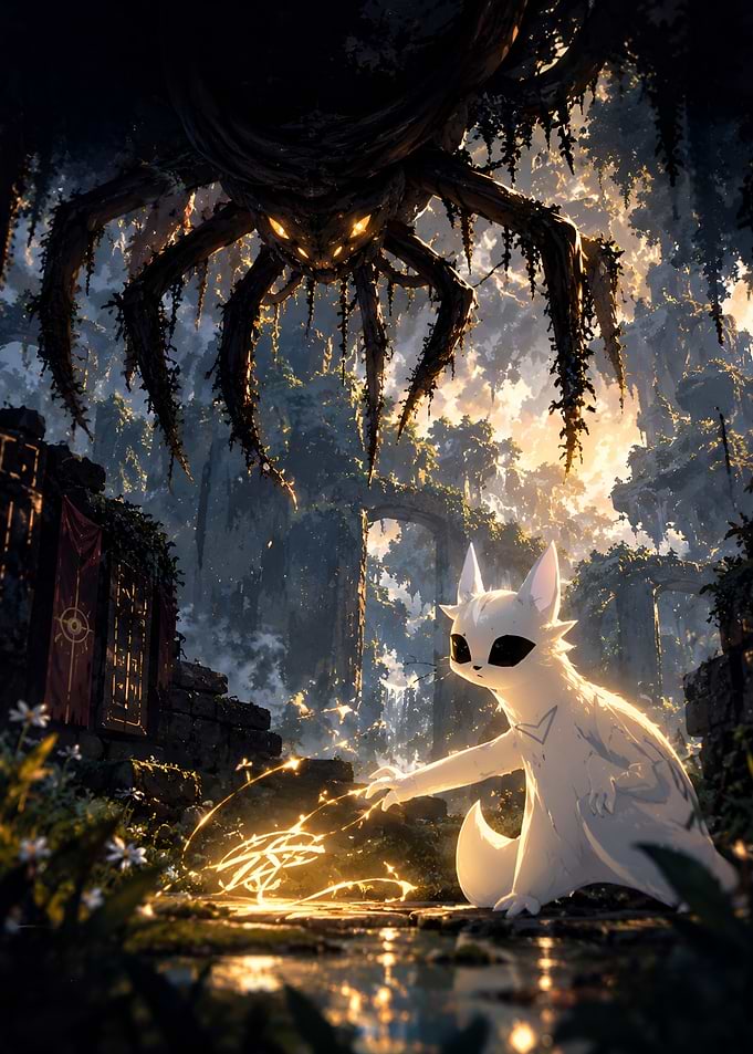 White Creature Facing Giant Shadow Spider