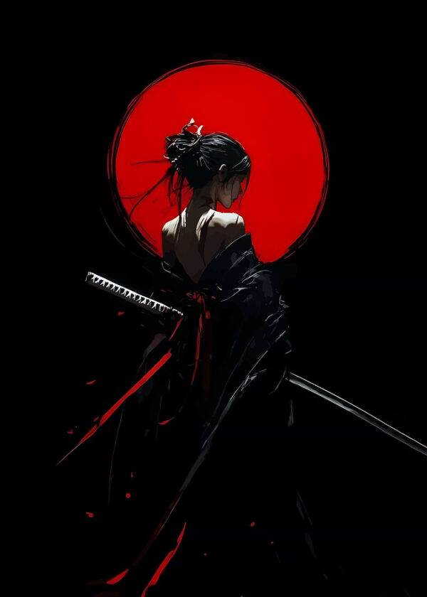 Samurai Woman with Red Moon