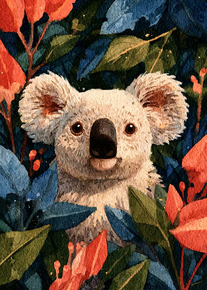 Watercolor Koala in Tropical Foliage