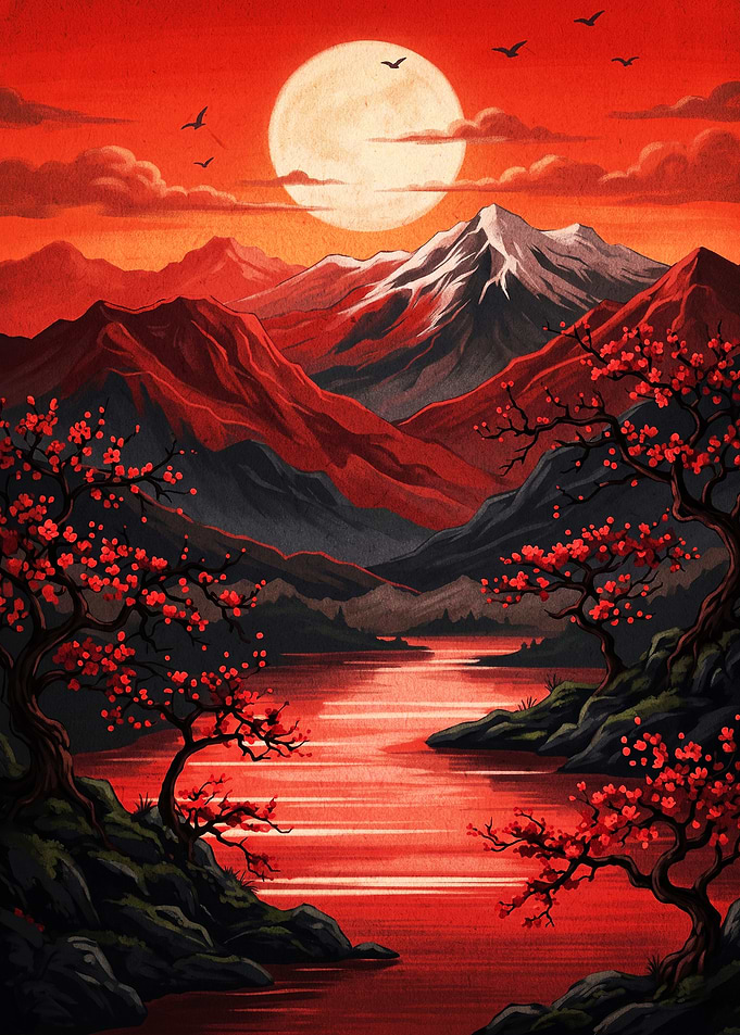 Red Moon Mountain Japanese Art Post
