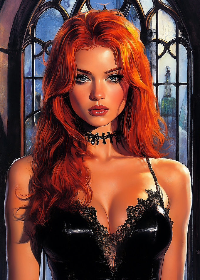 Redhead Woman in Black Dress