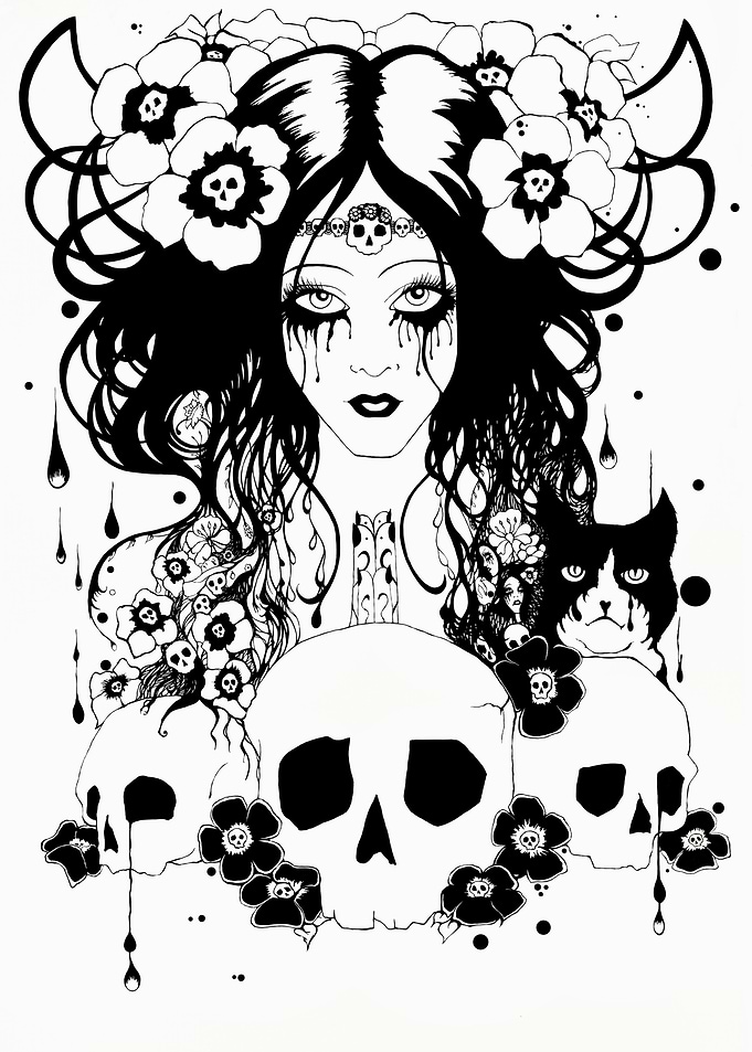 CRYING SKULLS- Gothic Woman with Skulls and Cat