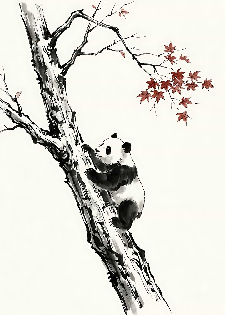 Panda Climbing Tree Ink Wash Painting