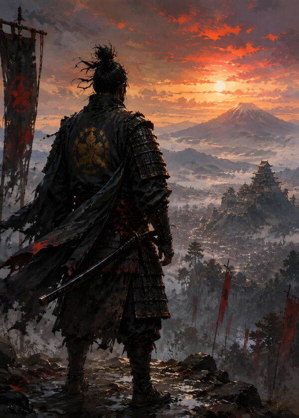 Samurai Overlooking a City at Sunset