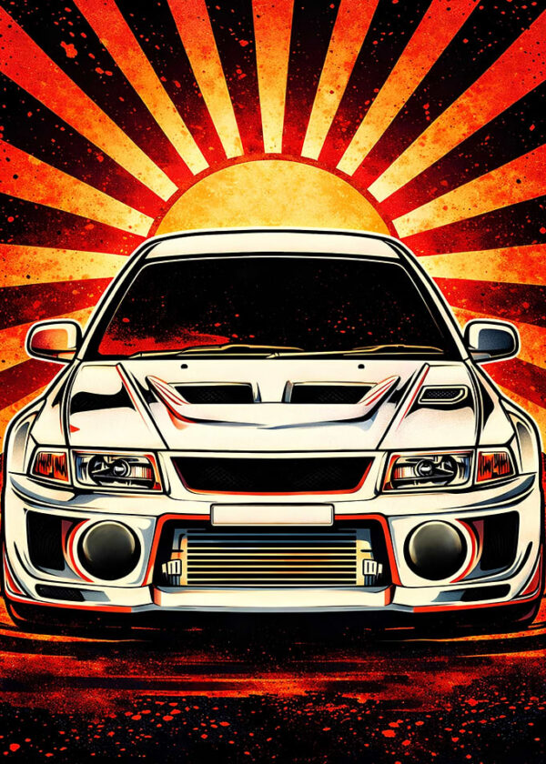 White Sports Car with Japanese Sun Background