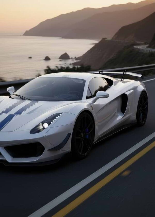White Sports Car on Coastal Road