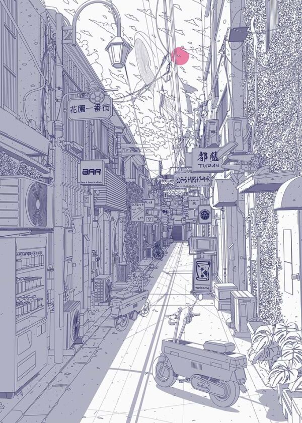 Detailed Japanese Alleyway Line Art