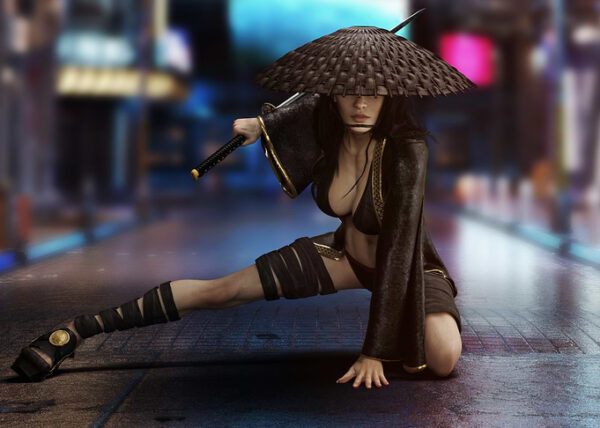 Female Warrior with Katana in Cityscape