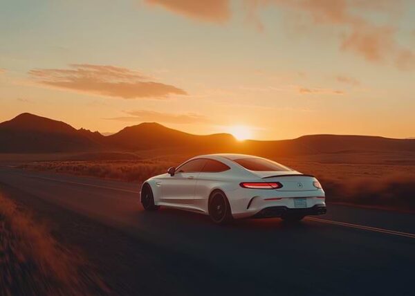 White Mercedes Coupe Sunset