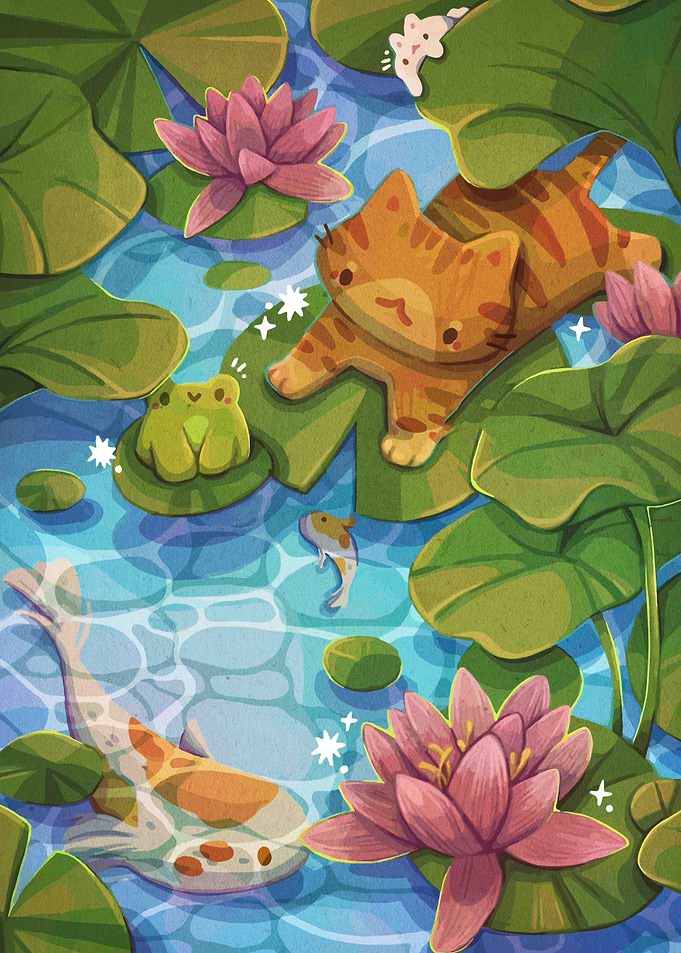 Cat and Koi Pond Illustration