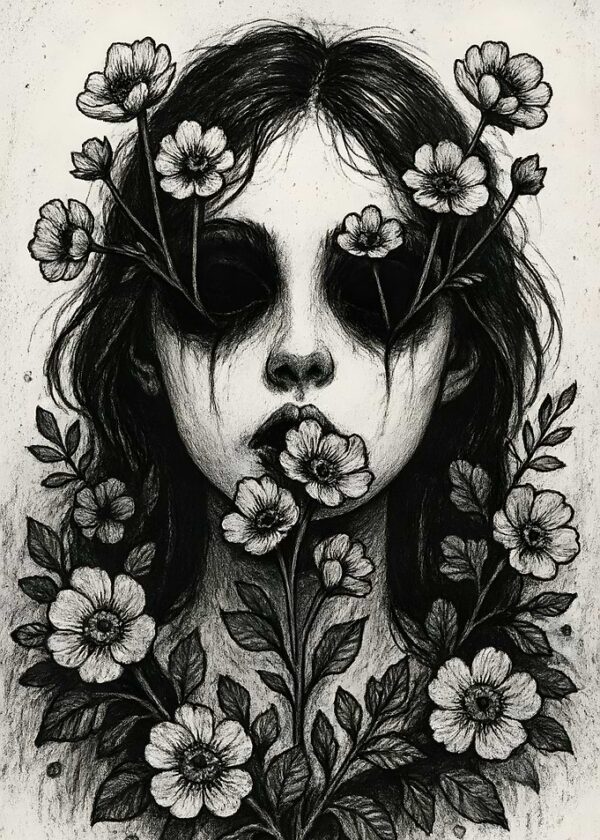Floral Woman Portrait in Graphite Style